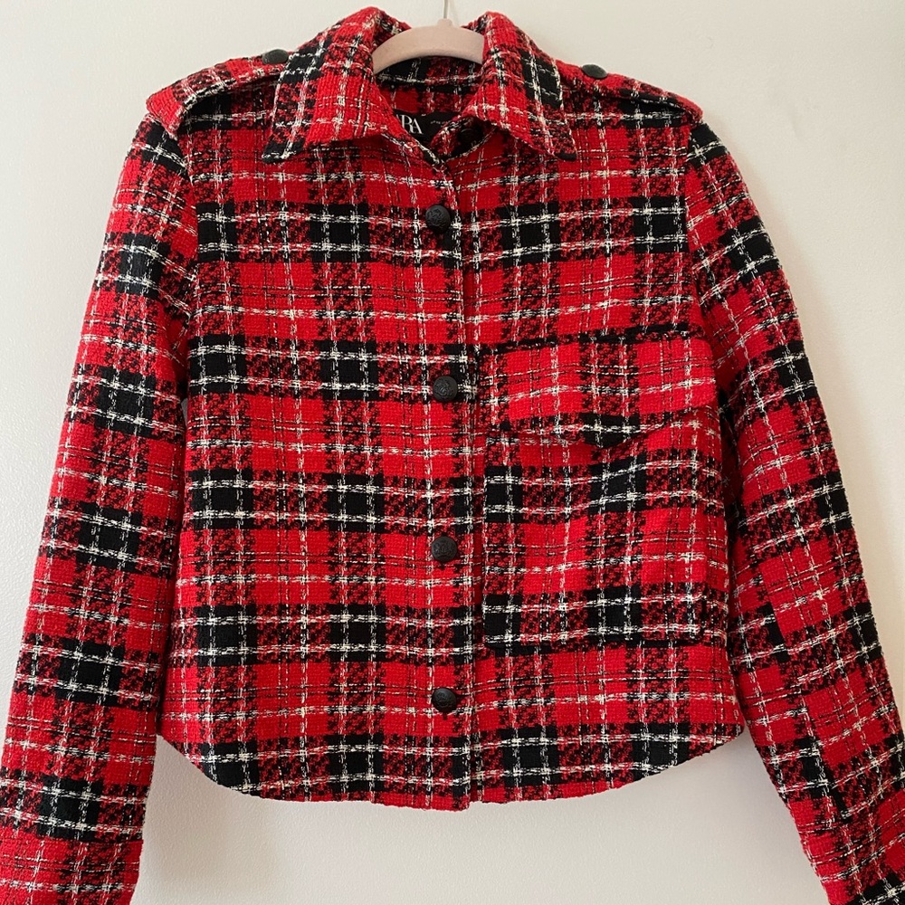 ZARA Red, Black, & White Tweed Jacket SIZE XS